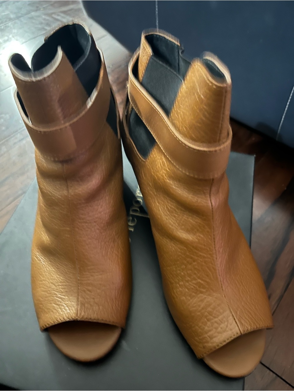 Nanette Lepore Camel Leather Peep-Toe Mules